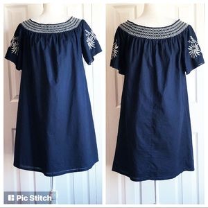 Isabel Maternity Boho Navy Blue Embroidered Smocked Shift Dress XS